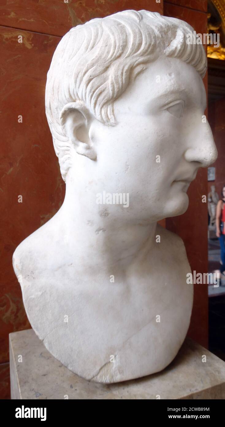 Marmorbüste von Drusus Julius Caesar (14 v. Chr. - 23 n. Chr.) Erbe des Römischen Reiches nach dem Tod seines Adoptivbruders. Stockfoto
