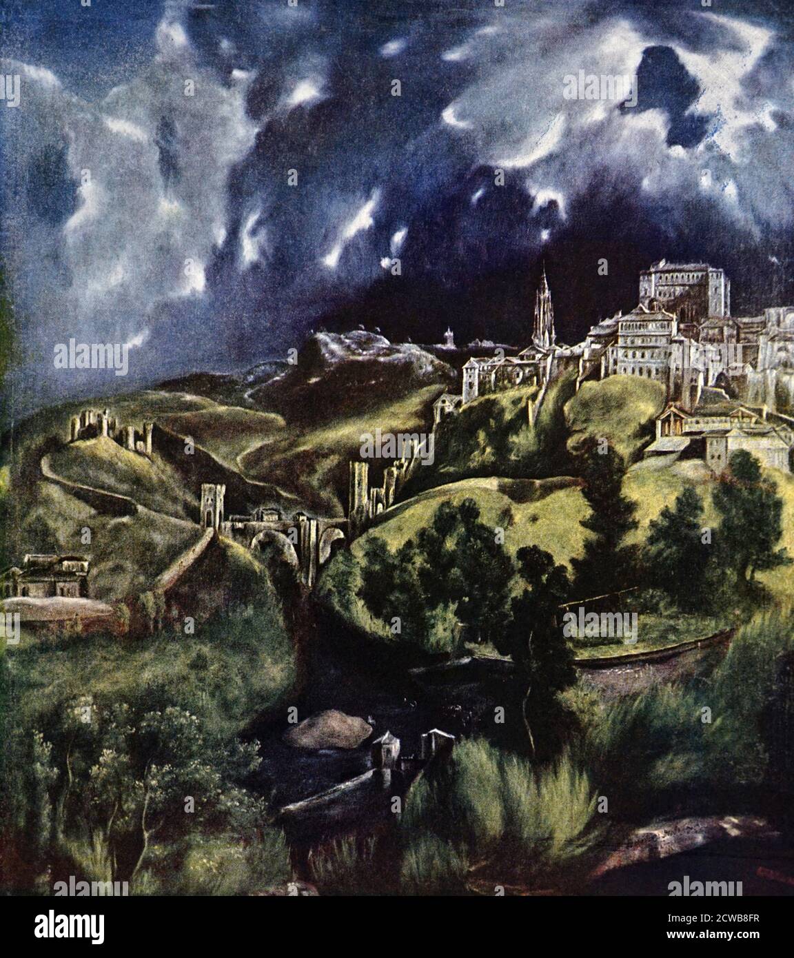 Gemälde mit einer Ansicht von Toledo, Spanien von El Greco. Domenikos Theotokopoulos (1541-1614) griechischer Maler, Bildhauer und Architekt der spanischen Renaissance. Stockfoto