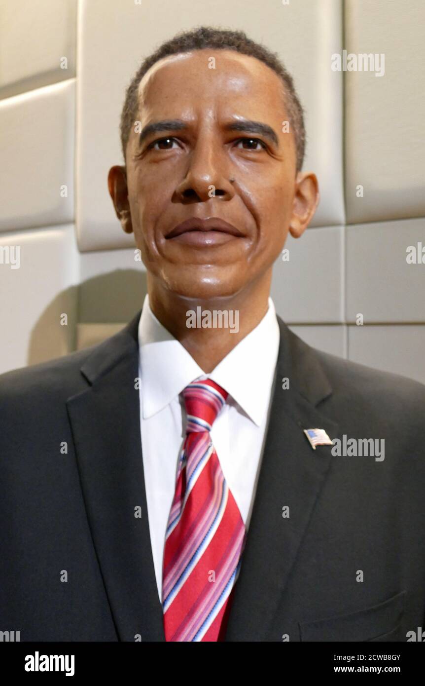 Wachsfiguren, die Barack Obama darstellen. Barack Hussein Obama II (1961-) ein amerikanischer Rechtsanwalt und Politiker, der als 44. Präsident der Vereinigten Staaten diente. Stockfoto