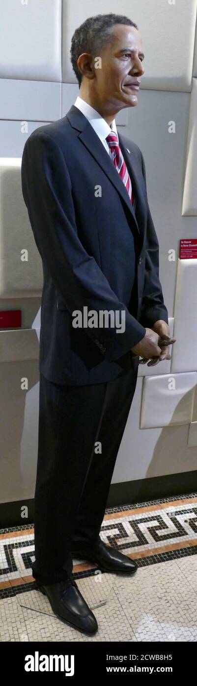 Wachsfiguren, die Barack Obama darstellen. Barack Hussein Obama II (1961-) ein amerikanischer Rechtsanwalt und Politiker, der als 44. Präsident der Vereinigten Staaten diente. Stockfoto
