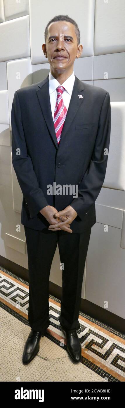 Wachsfiguren, die Barack Obama darstellen. Barack Hussein Obama II (1961-) ein amerikanischer Rechtsanwalt und Politiker, der als 44. Präsident der Vereinigten Staaten diente. Stockfoto
