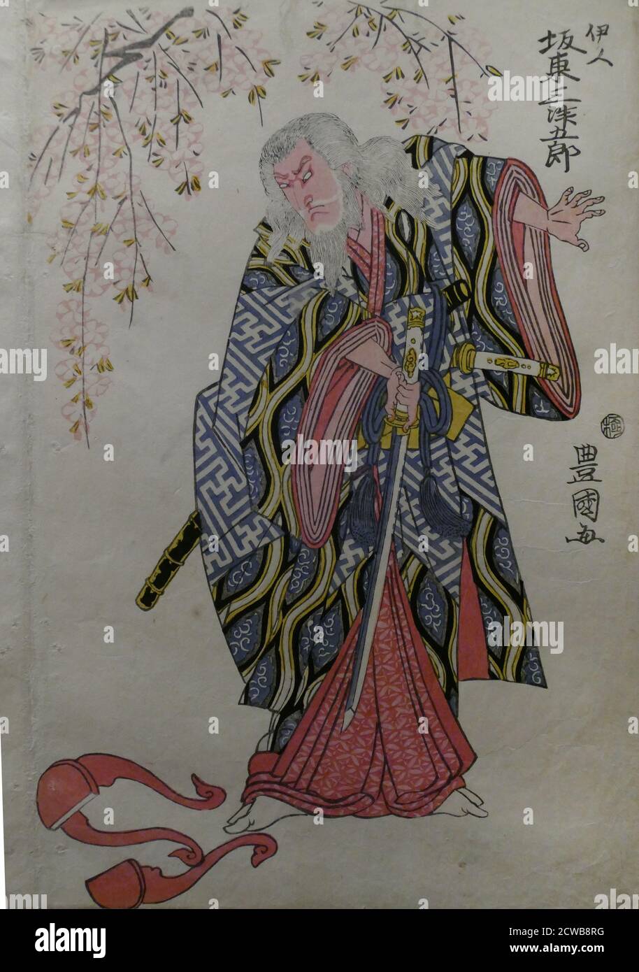 Detail - Farbholzblock-Triptychon mit dem Titel 'Sukeroku, die purpurne Kirschblüte des Edo' von Utagawa Toyokuni Stockfoto