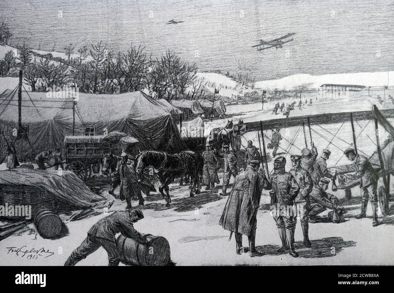 Deutscher Flugplatz mit Flugzeugen im Ersten Weltkrieg. 1916 Stockfoto