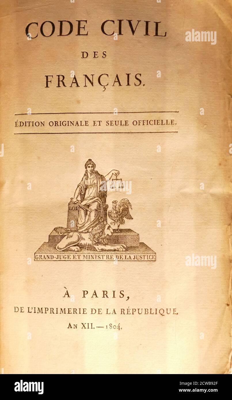 Der Napoleonische Code - oder Code Napoleon; der französische Zivilgesetzbuch unter Napoleon I. im Jahr 1804. Der Code erlaubte keine Privilegien basierend auf der Geburt. Sie erlaubte Religionsfreiheit. Es wurde auch ein System des öffentlichen Dienstes, wo die Regierung Arbeitsplätze würde zu den am meisten qualifizierten gehen Stockfoto