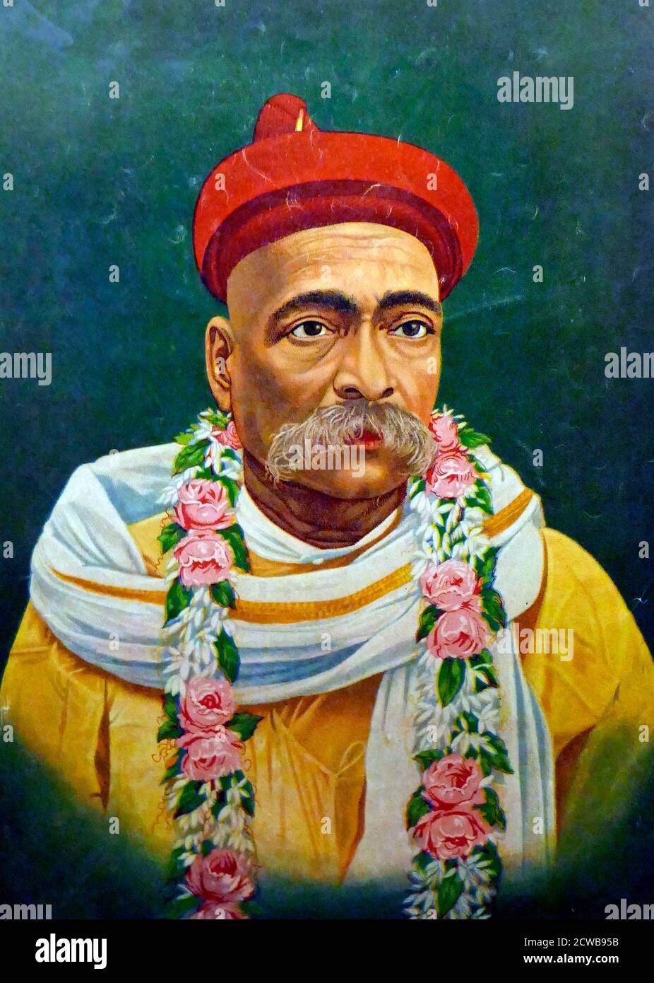 Chromolithographischer Druck, der Bal Gangadhar Tilak (1836-1920), einen indischen Nationalisten, Lehrer und Unabhängigkeitsaktivist darstellt. Stockfoto