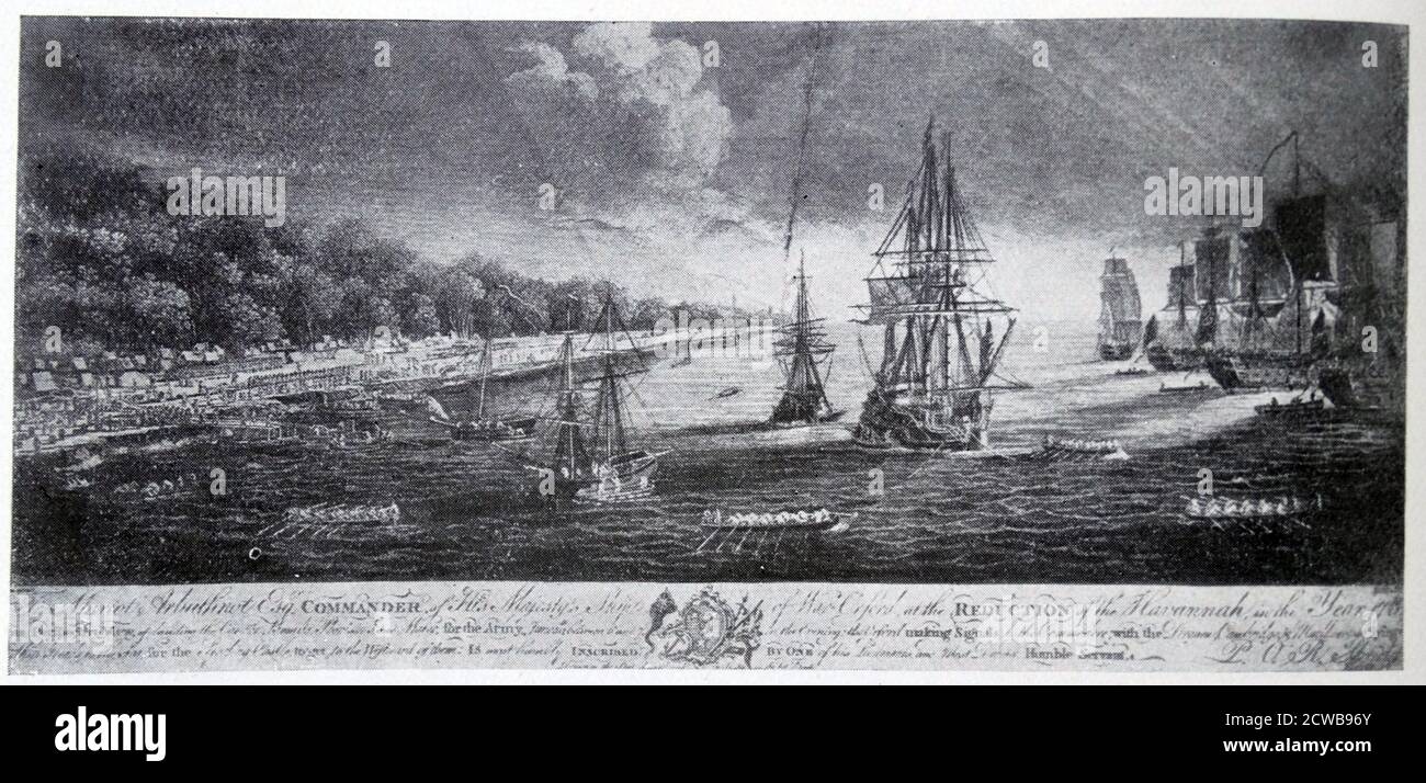 Englische Ausschiffung in Havanna, Kuba, im Jahr 1762. Gravur in Stahl, der Zeit, von einem Augenzeugen gemacht Stockfoto