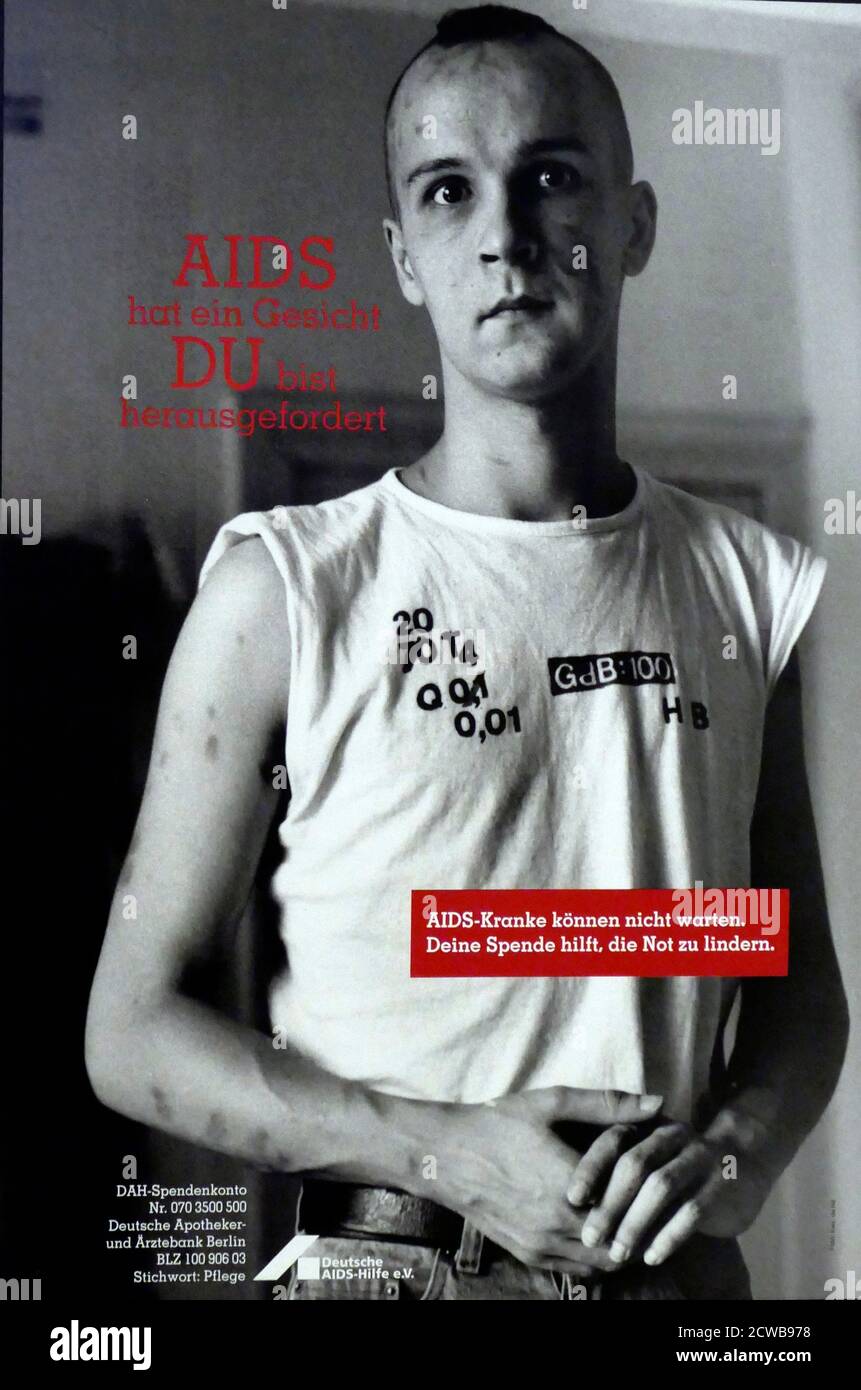 Plakat der deutschen AIDS-Kampagne um 1992. Die Infektion mit dem humanen Immundefizienz-Virus und das erworbene Immunschwächesyndrom (HIV/AIDS) ist ein Spektrum von Erkrankungen, die durch eine Infektion mit dem humanen Immunschwächevirus (HIV) verursacht werden. Stockfoto