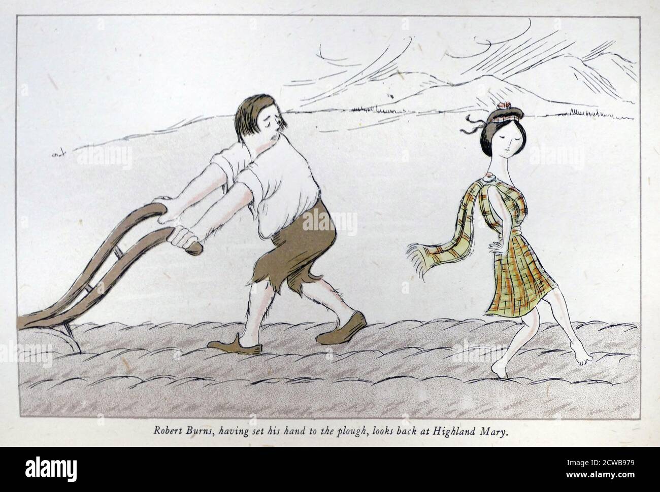Illustration mit dem Titel 'Robert Burns, nachdem er seine Hand auf den Pflug gesetzt hat, blickt zurück auf Highland Mary' von Max Beerbohm. Sir Henry Maximilian 'Max' Beerbohm (1872-1956) ein englischer Essayist, Parodist und Karikaturist Stockfoto