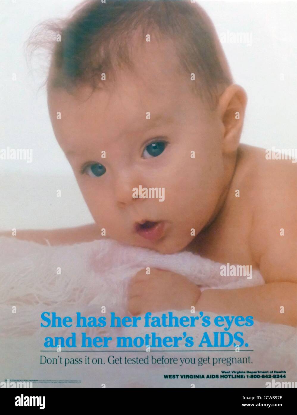 Amerikanisches Poster zur AIDS-Kampagne um 1995. Die Infektion mit dem humanen Immundefizienz-Virus und das erworbene Immunschwächesyndrom (HIV/AIDS) ist ein Spektrum von Erkrankungen, die durch eine Infektion mit dem humanen Immunschwächevirus (HIV) verursacht werden. Stockfoto