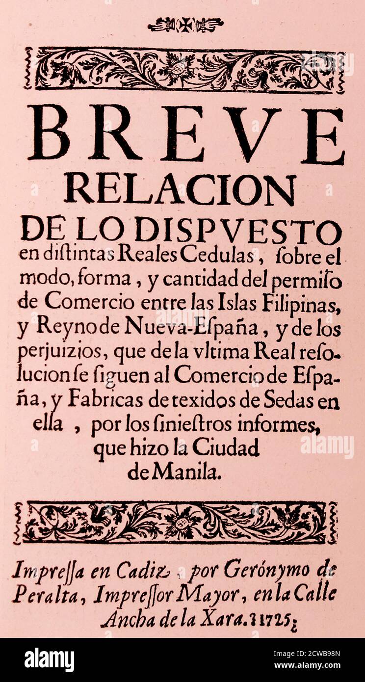 Cover eines Buches über den Handel mit Filipinas (Philippinen), veröffentlicht in Cadiz im Jahr 1725 Stockfoto