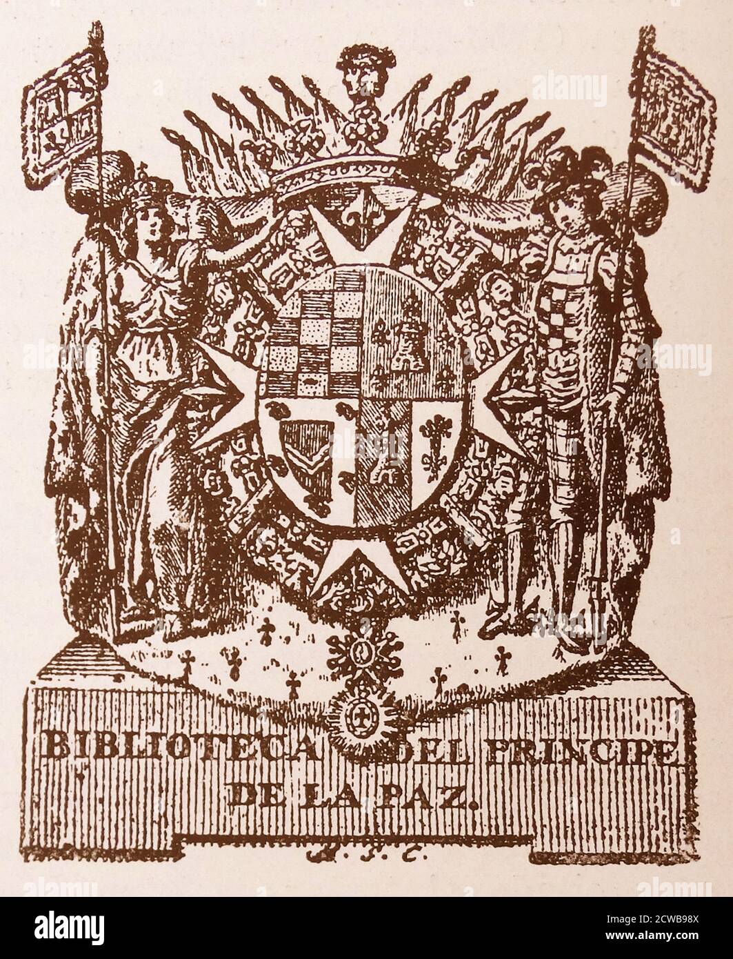 Wappen von Manuel Godoy y Alvarez de Faria, Prinz des Friedens, 1. Herzog von Alcudia, 1. Herzog von Sueca, 1. Baron von Mascalbo (12. Mai 1767 - 4. Oktober 1851) war erster Staatssekretär von Spanien von 1792 bis 1797 und von 1801 bis 1808. Er erhielt viele Titel, darunter Principe de la Paz ("Prinz des Friedens"), Stockfoto