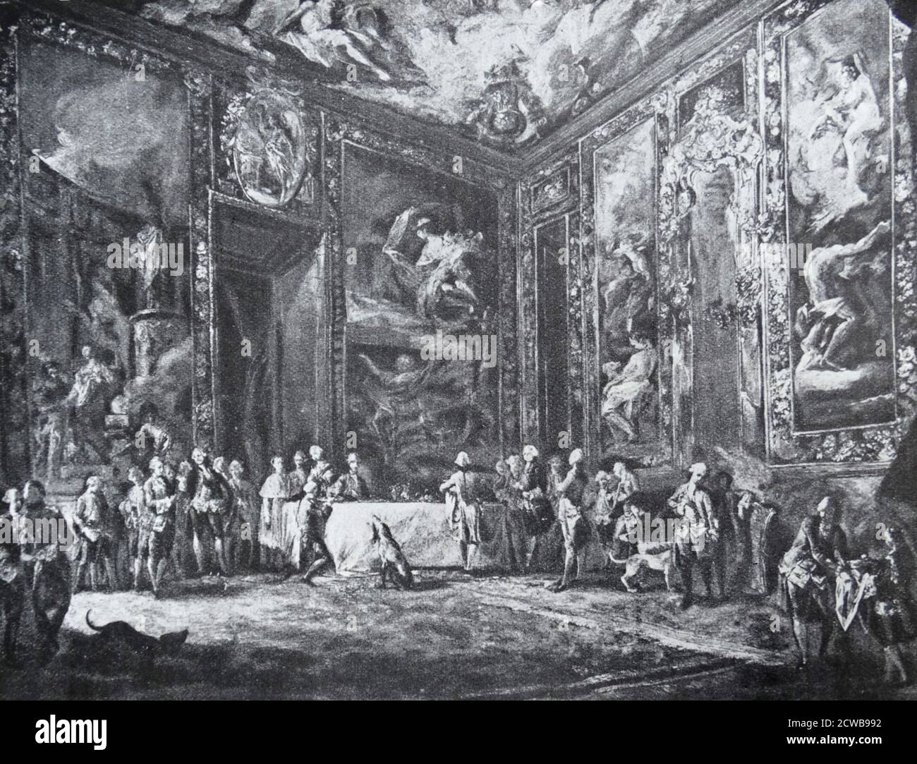 Gemälde mit dem Titel 'Carlos III Essen vor dem Hof' von Luis Paret y Alcazar. Luis Paret y Alcazar (1746-1799) ein spanischer Maler des Spätbarocks oder Rokoko. Stockfoto
