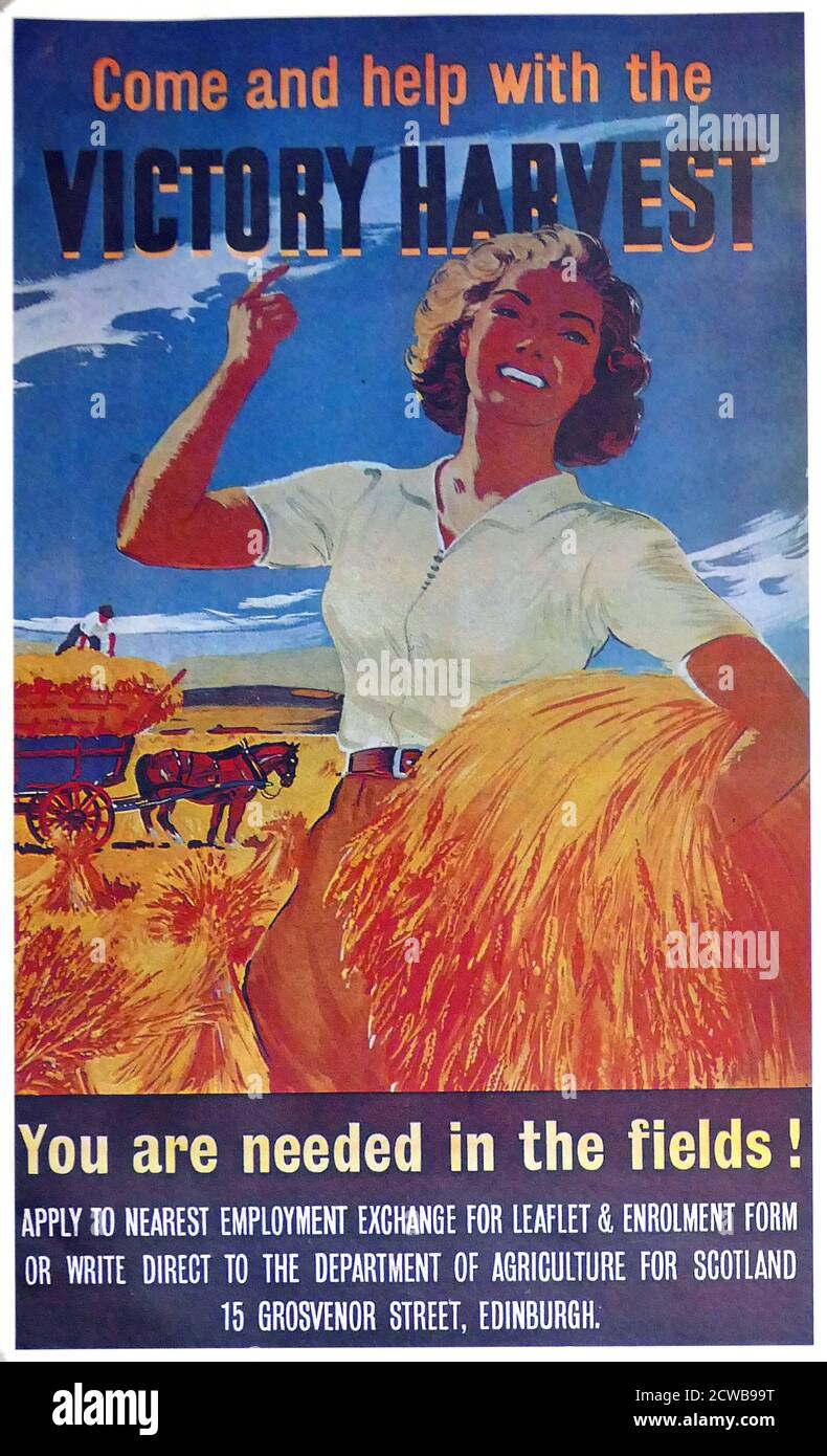 Plakat zum Zweiten Weltkrieg, das Frauen auffordert, bei der Landwirtschaft zu helfen Stockfoto