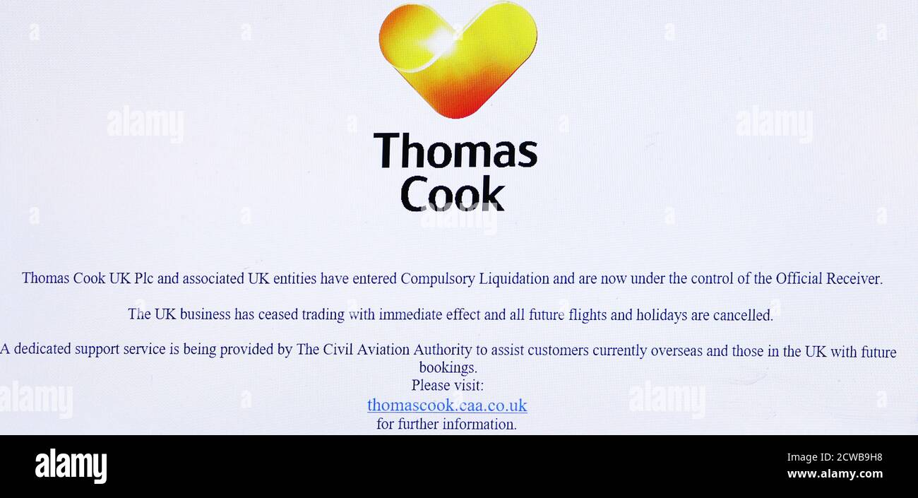 Bekanntmachung über die Schließung von Thomas Cook Travel Company auf der Website des Unternehmens 23/09/2019. Thomas Cook & Son, ein Unternehmen, das 1841 gegründet wurde, um Temperance-Anhänger per Bahn zwischen den Städten Leicester, Nottingham, Derby und Birmingham zu transportieren. Ab 2007, als die Thomas Cook AG mit der MyTravel Group fusionierte, firmiert das Unternehmen unter dem Namen Thomas Cook Group plc., bis es 2019 aufgelöst wurde und seinen Betrieb einstellte. Stockfoto