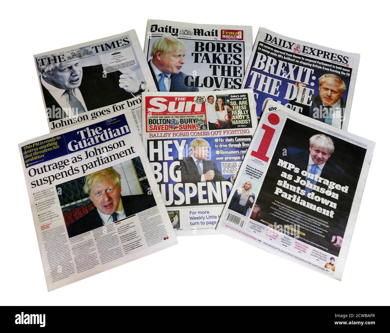 Rezension der Titelseiten (29. August 2019). Der britischen Zeitungen über die Prorogation des parlaments durch die Königin. Stockfoto