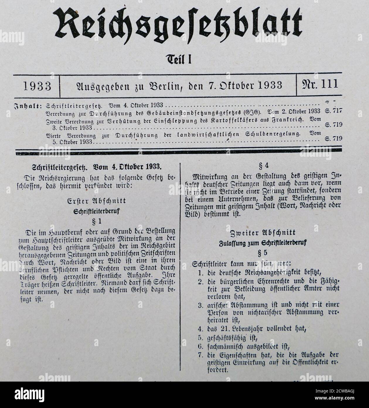 Gesetz am 4. oktober 1933 erlassen, durch die Nazi-Regierung beschränkt Redaktionen in den Medien auf Arier nur. Stockfoto