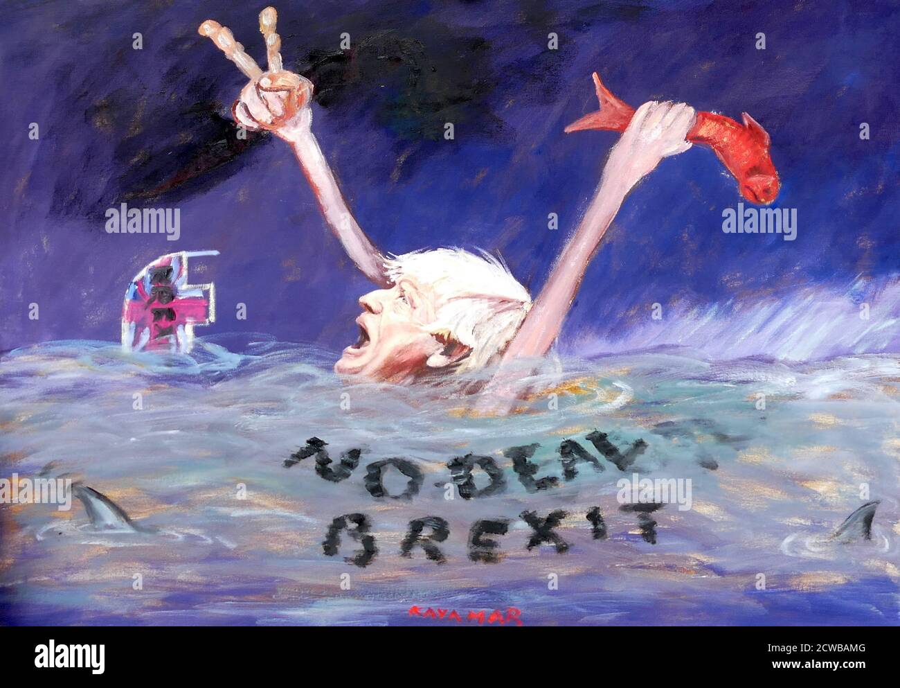 Satirisches Gemälde von Boris Johnson, der im Meer des 'No Deal Brexit' ertrinkt. Gemalt von Kaya Mar, September 2019 Stockfoto
