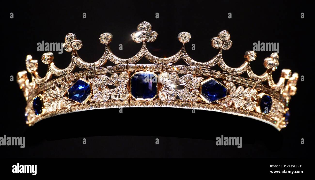 Königin Victorias Saphir und Diamant-Koronett, entworfen für sie von Prinz Albert im Jahr 1840. Hergestellt von Joseph Kitching. 1842 trug Victoria das neu fertiggestellte Kronkoronett in einem berühmten Porträt von Franz Xavier Winterhalter. Stockfoto