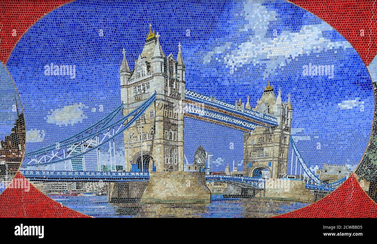Mosaik mit Londoner Wahrzeichen: Tower Bridge 2020. Atrium Hotel Heathrow, London. Stockfoto