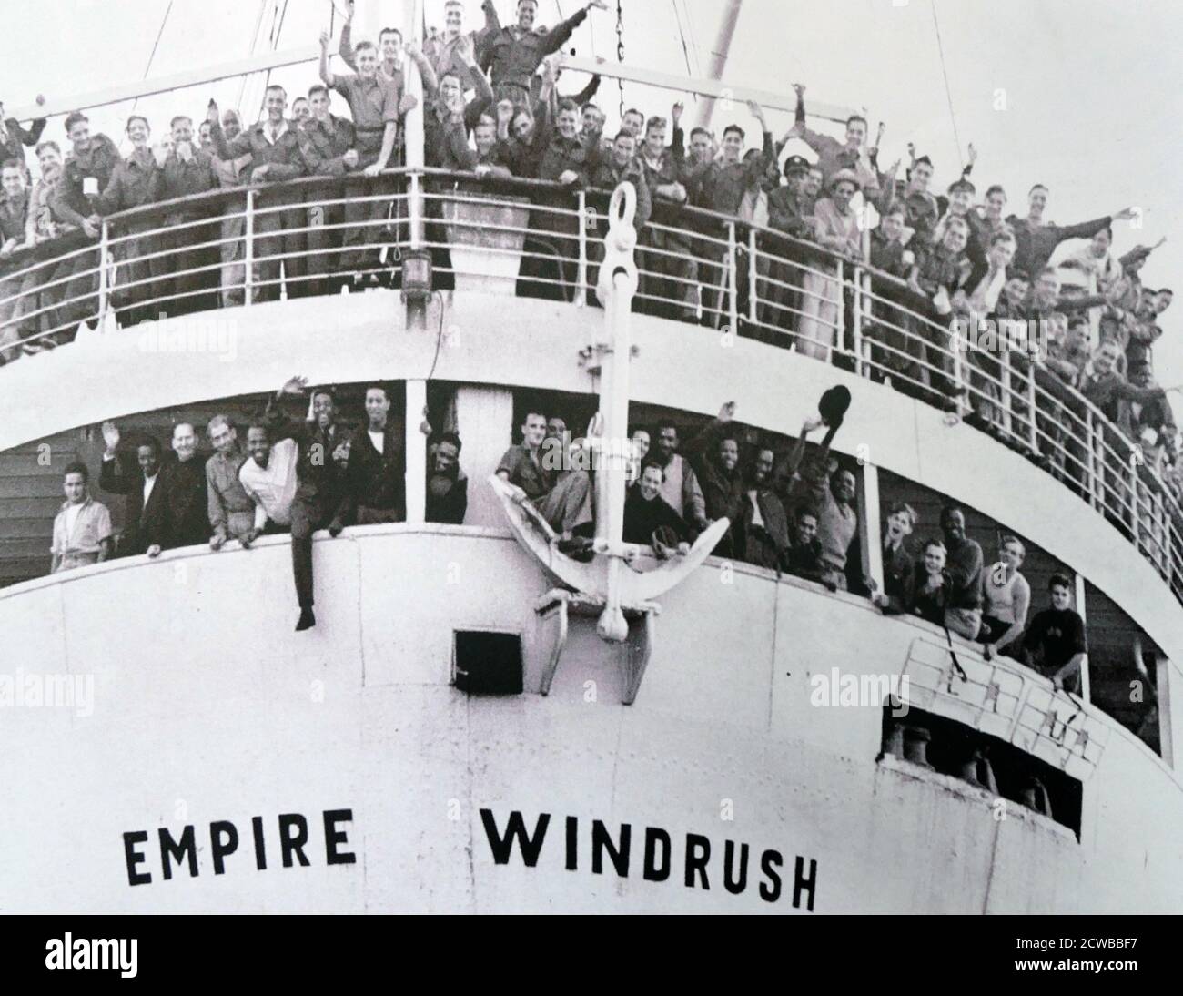 Empire Windrush brachte eine der ersten großen Gruppen von westindischen Einwanderern nach dem Krieg in das Vereinigte Königreich und brachte 1,027 Passagiere und zwei Passagiere auf einer Reise von Jamaika nach London im Jahr 1948. 802 dieser Passagiere gaben ihr letztes Wohnsitzland als irgendwo in der Karibik an: 693 von ihnen wollten sich im Vereinigten Königreich niederlassen. Stockfoto