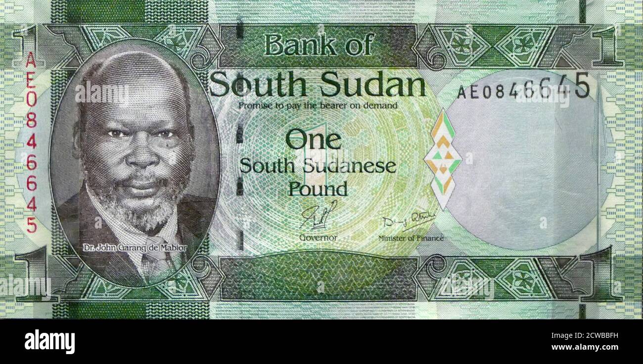 Südsudan Republik Banknote 2011 mit John Garang Stockfoto