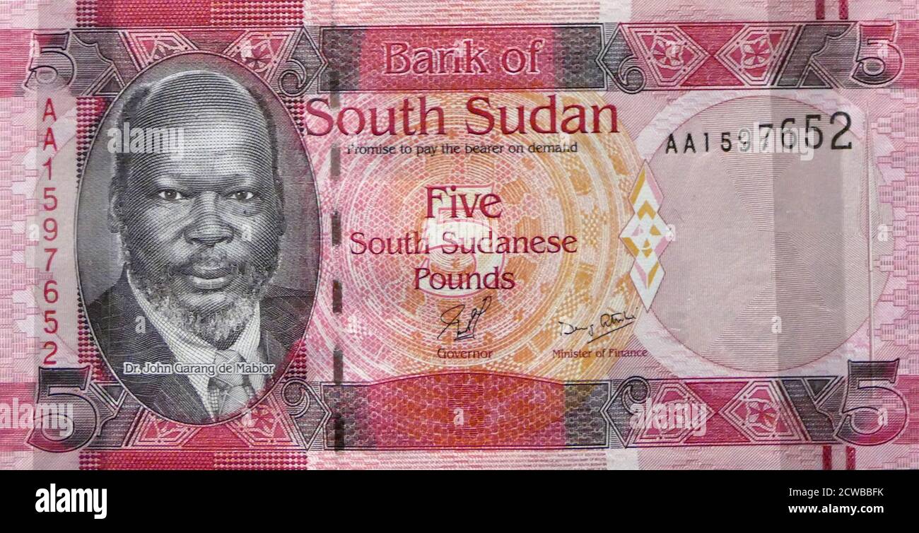 Südsudan Republik Banknote 2011 mit John Garang Stockfoto