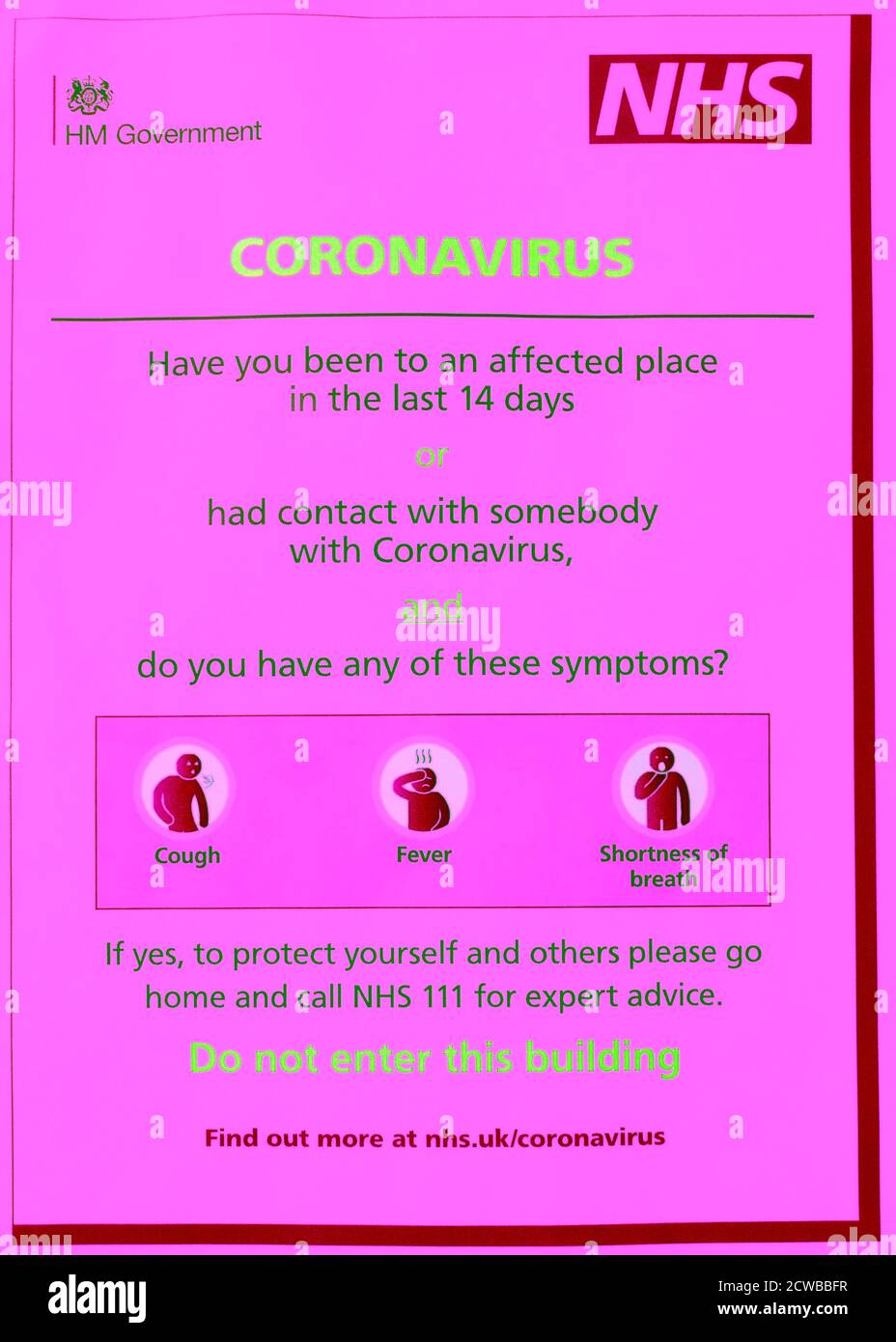 British National Health Service (NHS) Leitlinien für Corona Virus Symptome. März 2020 Stockfoto