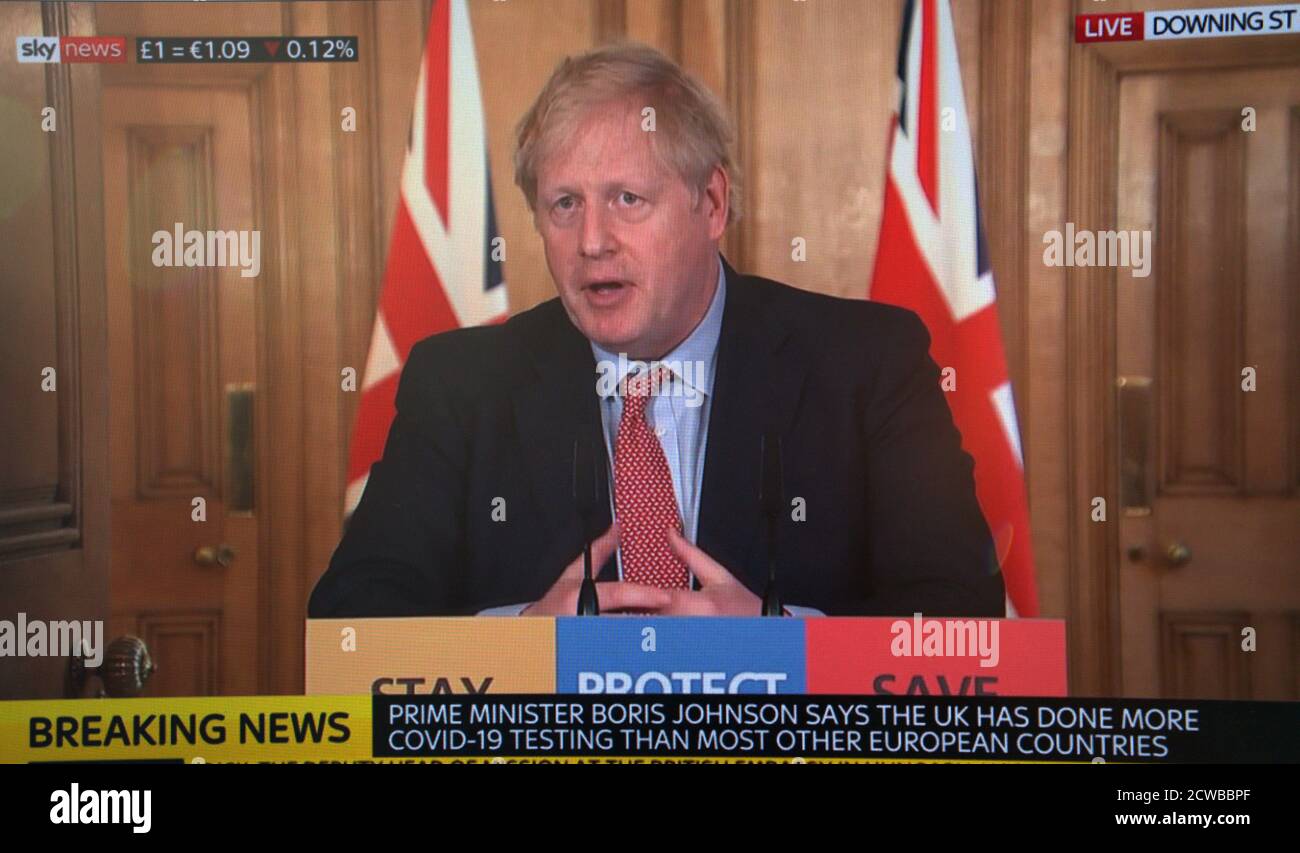 Der britische Premierminister Boris Johnson spricht während der Corona-Virus-Pandemie über die Lockdown-Maßnahmen. März 2020 Stockfoto