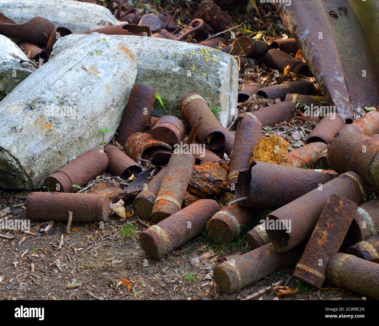 Überreste der Waffen des ersten Weltkrieges auf einem Schlachtfeld in Belgien. 2020 Stockfoto