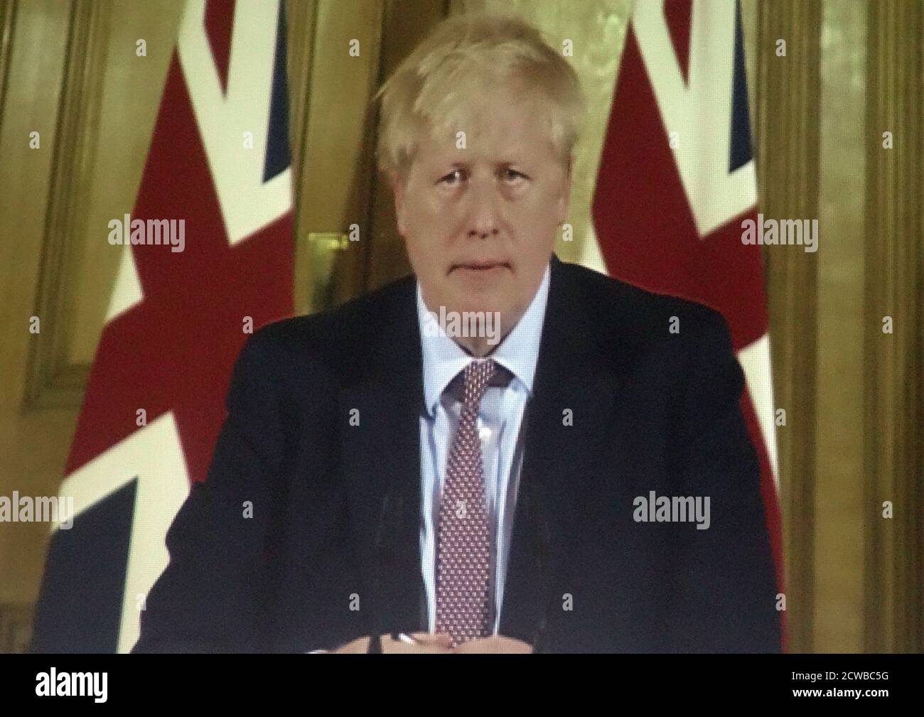 Boris Johnson Pressekonferenz; März 2020; während der Corona Virus Pandemie Stockfoto