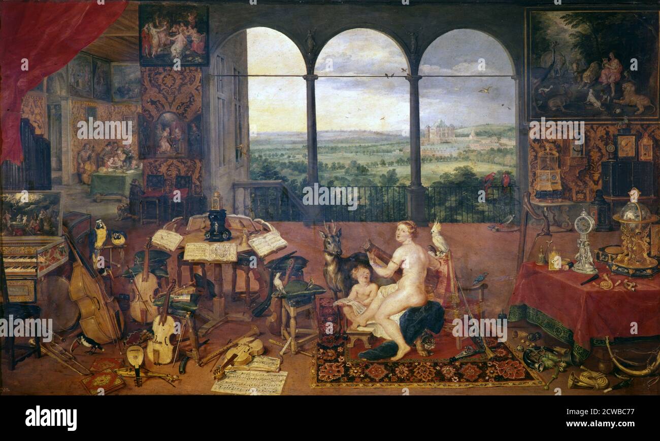 Gemälde von Jan Brueghel dem Älteren mit dem Titel 'The Sense of Hearing', 1618. Teil der Sammlung des Prado, Madrid, Spanien. Stockfoto