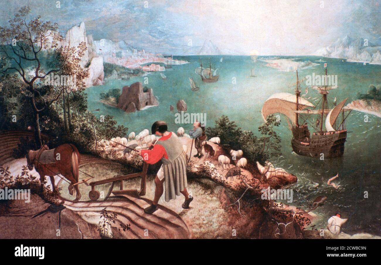 Pieter Bruegel der Ältere 'Landschaft mit dem Fall des Ikarus', c1555. Aus der Sammlung der Musees Royaux des Beaux-Arts de Belgique, Brüssel, Belgien. Stockfoto