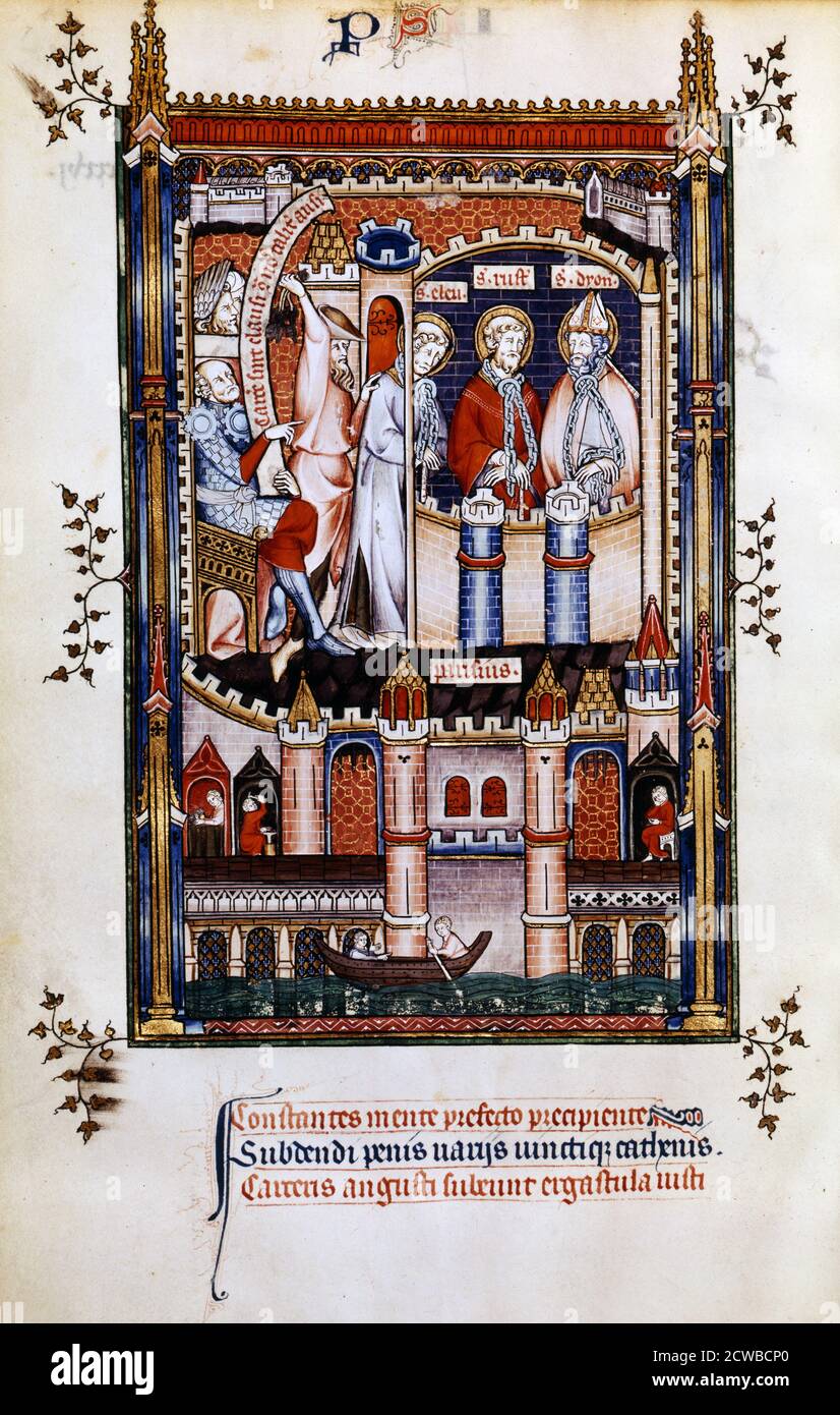 St Denis in Ketten, 1317. St. Denis, St. Eleutherius und St. Rusticus werden auf Befehl von Sisinnius ins Gefängnis gebracht. Handschriftenillustration aus einem Werk über das Leben von St. Denis (gest. c258 n. Chr.), geschrieben von Yves, einem Mönch in der Abtei von St. Denis. Das Buch zeigt die Folter und das Martyrium des heiligen durch den römischen Statthalter Fescenninus Sisinnius. Die untere Szene zeigt Menschen auf der Brücke über die seine. Aus der Sammlung der Bibliotheque Nationale, Paris. Der Künstler ist unbekannt. Stockfoto