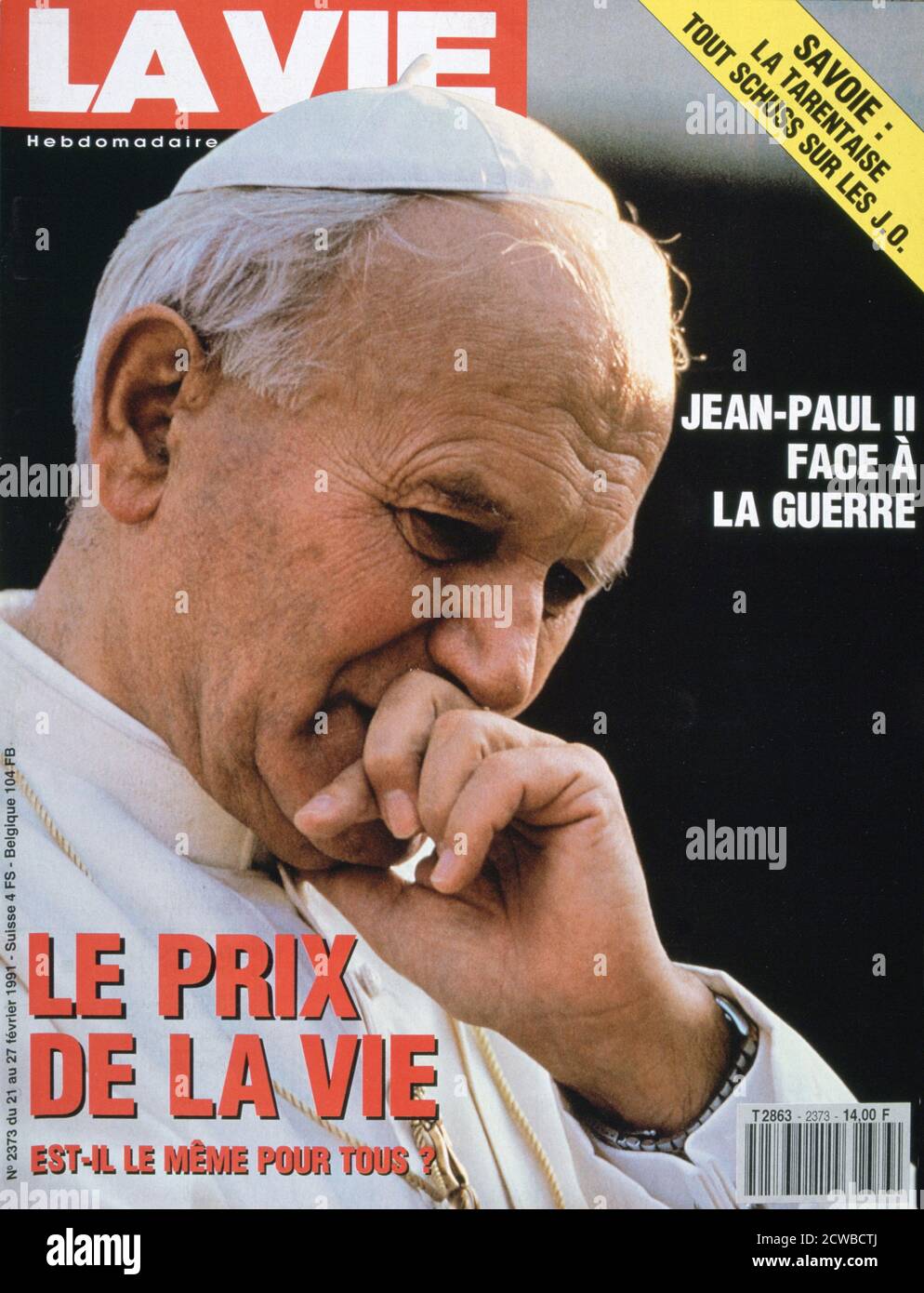 Frontabdeckung von La Vie, Februar 1991. Das Cover zeigt Papst Johannes Paul II. Zur Zeit des Ersten Golfkrieges. Der Fotograf ist unbekannt. Rechteinformation: Nur zur redaktionellen Verwendung freigegeben. Bitte Kontaktieren Sie Uns Für Alle Anderen Clearance-Rechte. Stockfoto