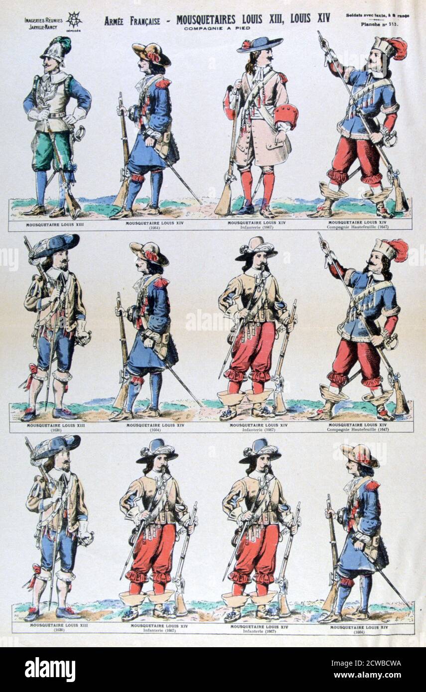 Französische Armee; Musketiere von Ludwig XIII. Und Ludwig XIV., 17. Jahrhundert (19. Jahrhundert). Französische Fußsoldaten. Ein Druck aus der Bilderserie Reunies Jarville-Nancy, 19. Jahrhundert. Der Künstler ist unbekannt. Stockfoto