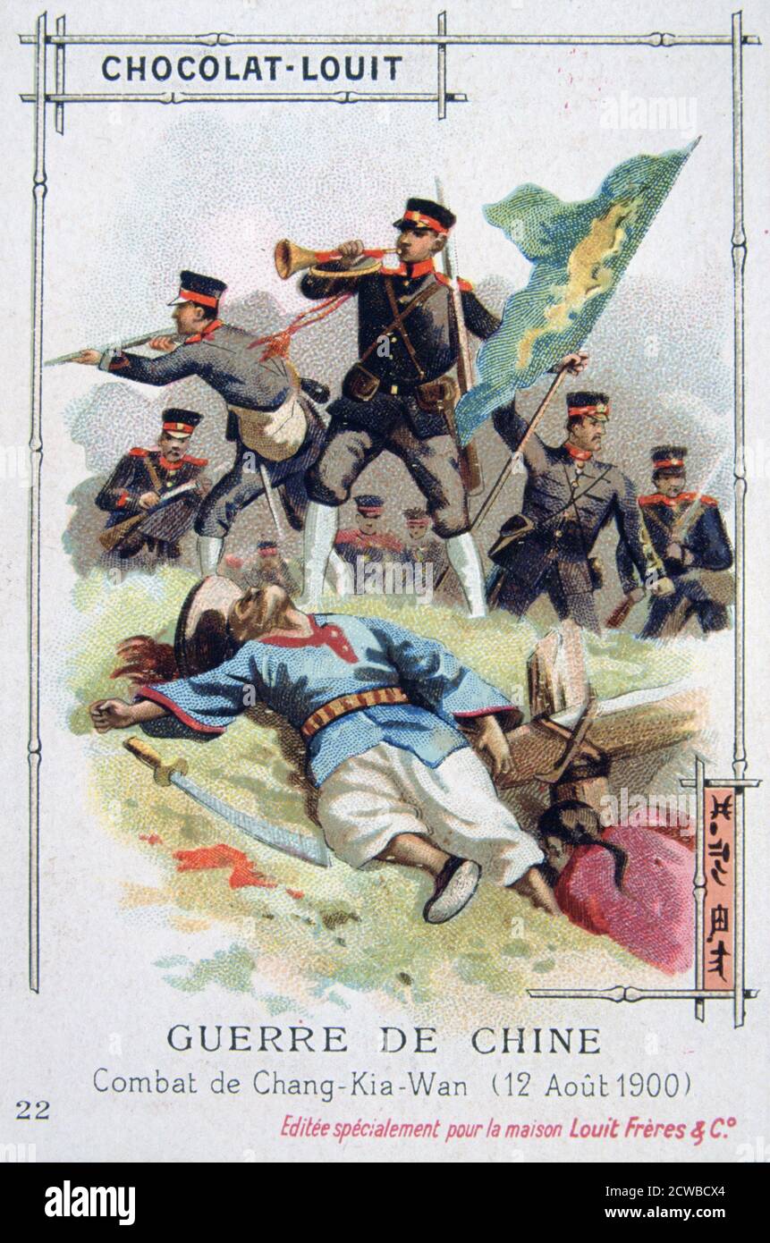 Schlacht bei Chang-Kia-Wan, China, Boxeraufstand, 12. August 1900. Der Boxeraufstand oder Boxeraufstand war eine chinesische Rebellion vom 1899. November bis 7. September 1901 gegen den ausländischen Einfluss in Handel, Politik, Religion und Technologie in China während der letzten Jahre der Qing-Dynastie. Die Ermordung des deutschen Botschafters und die Belagerung ausländischer diplomatischer Gesandtschaft in Peking veranlassten Großbritannien, Frankreich, Deutschland, die USA, Russland, Japan, Italien und Österreich-Ungarn, das Acht-Nationen-Bündnis zu bilden und militärisch einzugreifen. Französische Handelskarte mit Werbung für Chocolat-Louit. Der Künstler ist unbekannt Stockfoto