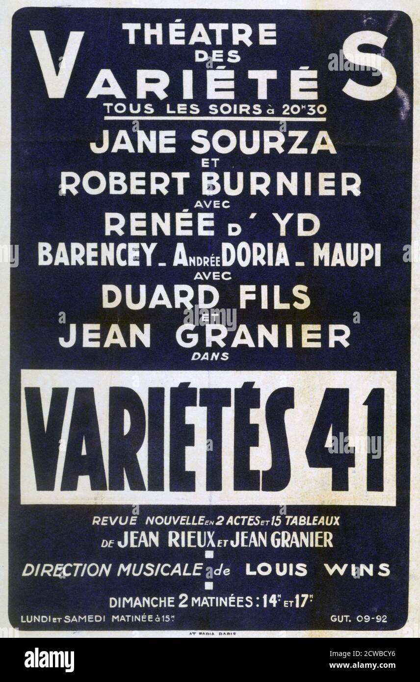 Plakatwerbung Varietes 41 Varietes Show, Frankreich, 1941. An der Oberseite der Rechnung sind Jane Sourza und Robert Burnier. Der Künstler ist unbekannt. Stockfoto