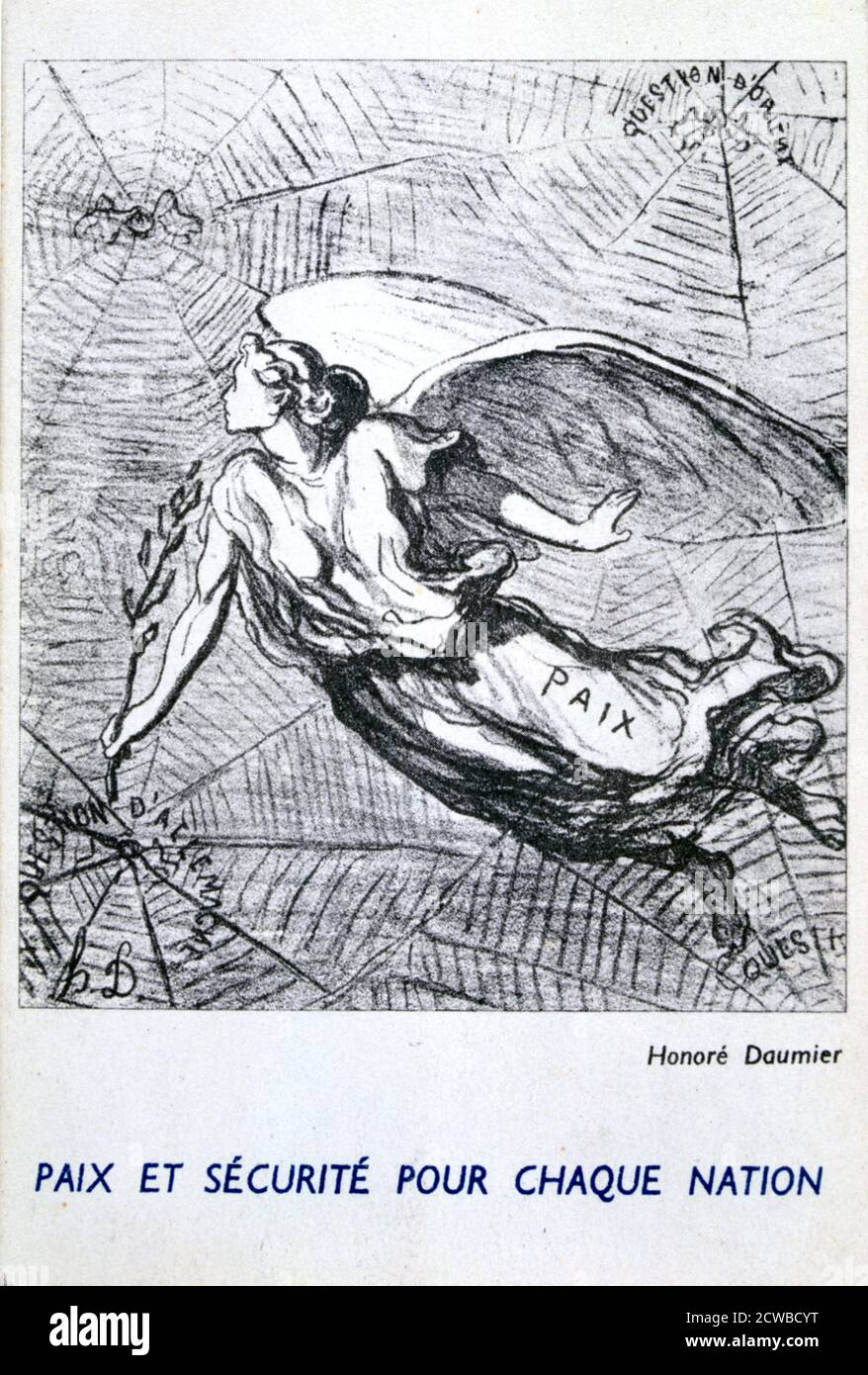 Peace and Security for Each Nation', von der französischen Künstlerin Honore Daumier. Französische Postkarte, auf der der Frieden an einer Reihe gefährlicher Spinnweben vorbeifliegt. Stockfoto