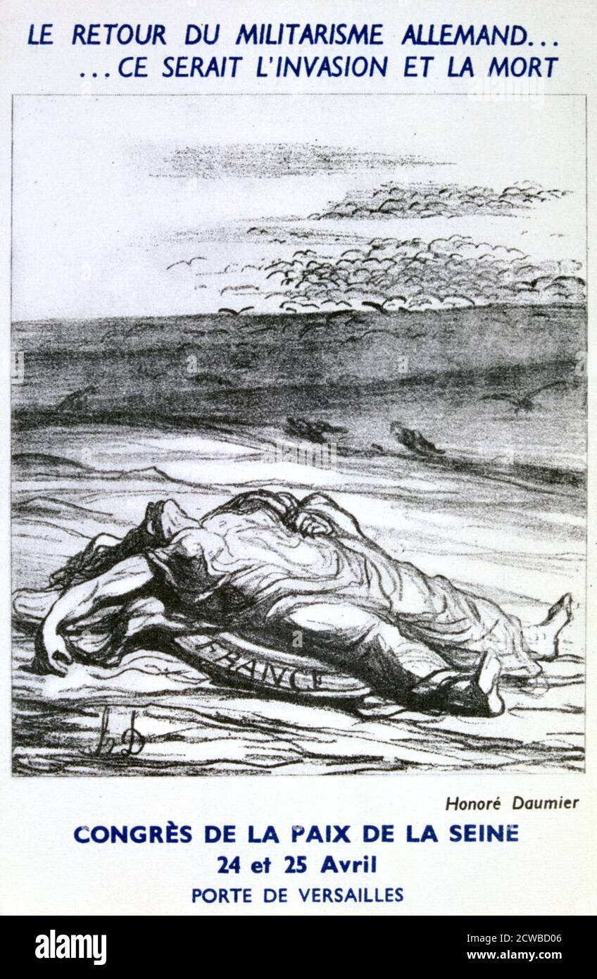 Postkarte für den Kongress des Friedens der seine, Paris, von der französischen Künstlerin Honore Daumier. Die Karte warnt, dass die Rückkehr des deutschen Militarismus zu Invasion und Tod führen würde. Stockfoto