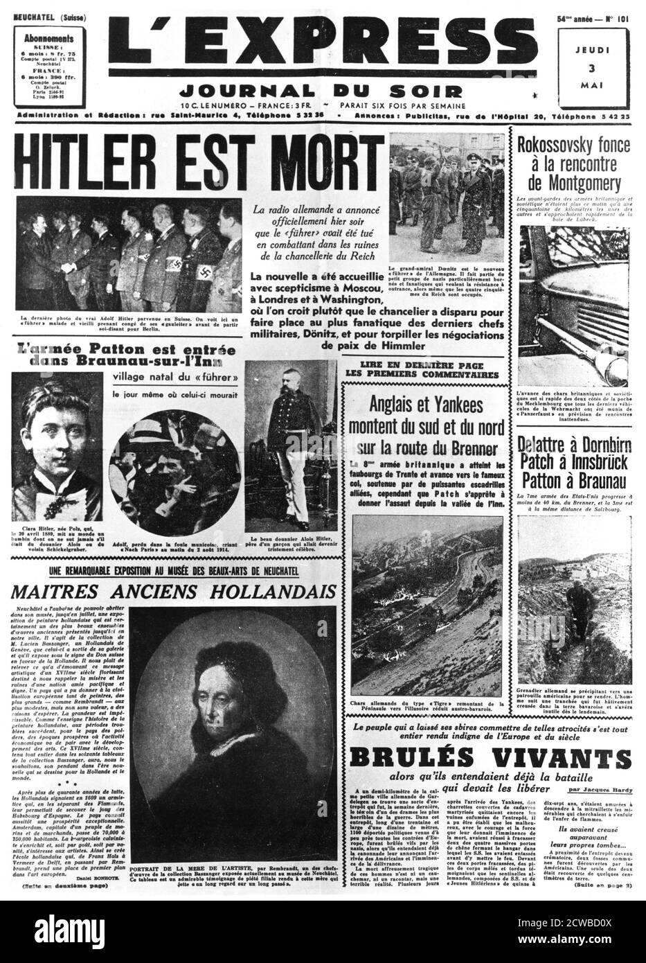 Hitler ist tot, Titelseite der L'Express Zeitung, 3. Mai 1945. Berichte über Ereignisse in der letzten Woche des Zweiten Weltkriegs in Europa. Der Fotograf ist unbekannt. Stockfoto