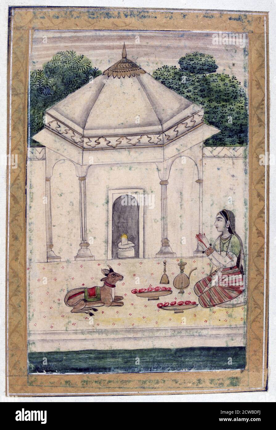 Bhairavi Ramini, Ragamala Album, School of Rajasthan, 19. Jahrhundert. Verehrung des Lingam von Shiva durch eine junge Frau. Der Lingam (auch Linga, was Zeichen bedeutet, oder Zeichen) ist ein Symbol für die Anbetung des Hindu-gottes Shiva. Gefunden in der Sammlung von Jean Claude Carriere. Der Künstler ist unbekannt. Stockfoto