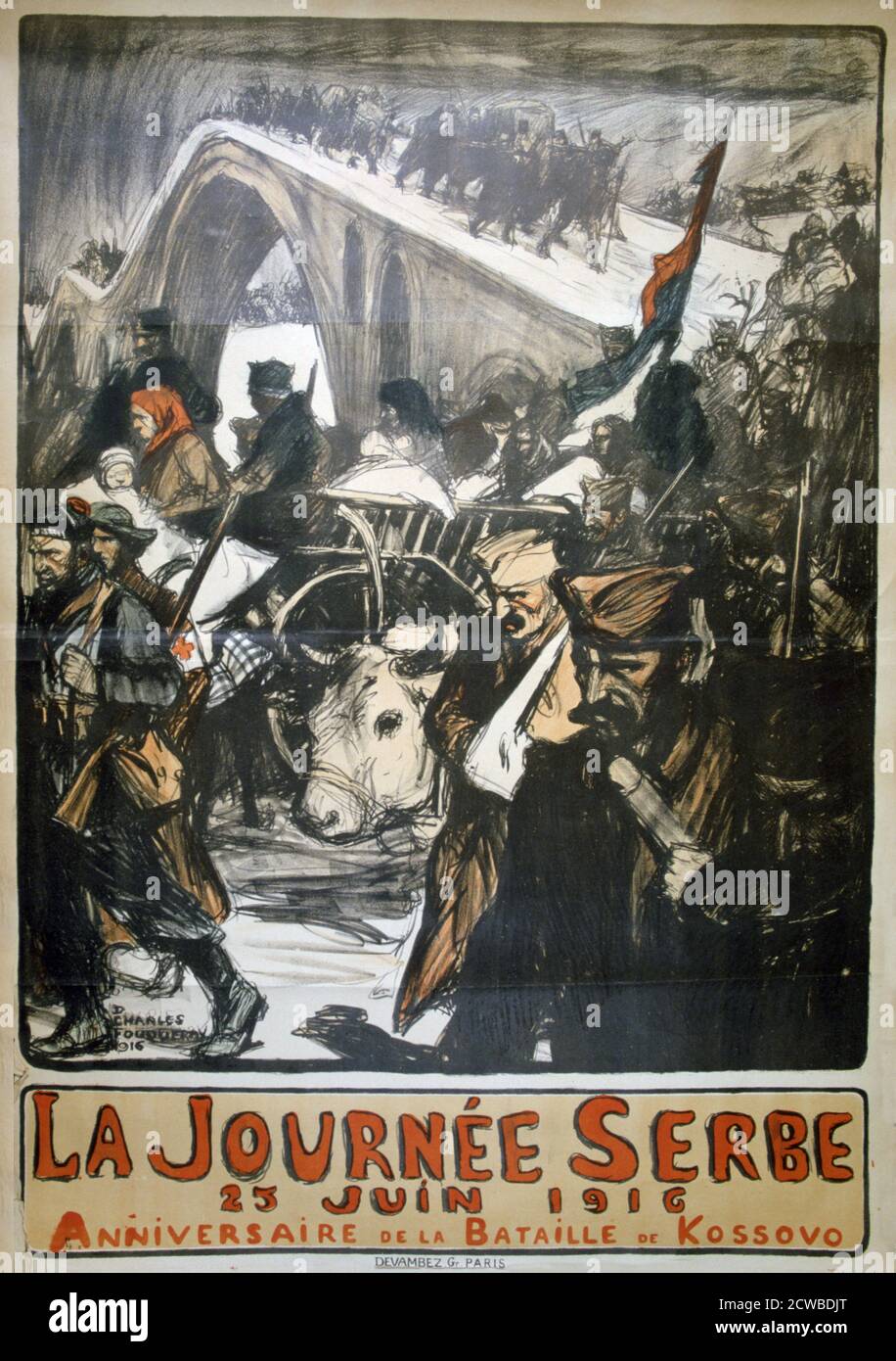 25. Juni 1916 - Tag Serbien', Plakat des Ersten Weltkriegs, 1916. Soldaten und Zivilisten tragen ihren Besitz über eine schneebedeckte Brücke. Das Plakat erinnert an die Schlacht im Kosovo, eine schwere Niederlage für die Serben während des Ersten Weltkriegs.Serbien wurde 1915 von den Vereinten Armeen Deutschlands, Österreichs, Ungarns und Bulgariens erobert, wobei es dabei unter schrecklichen militärischen und zivilen Opfern litt. Von Charles Fouqueray. Stockfoto