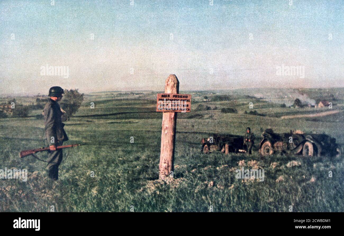 Die Grenze zwischen Litauen und der Sowjetunion, der zweite Weltkrieg, 1942. Litauen wurde im Rahmen des Molotow-Ribbentrop-Paktes, der 1940 zwischen der UdSSR und Nazi-Deutschland unterzeichnet wurde, von der Sowjetunion annektiert und besetzt. Es wurde von den Deutschen gefangen genommen, nachdem sie Russland im Juni 1941 einmarschierten. Ein Druck von Signal, August 1942. Signal war eine Zeitschrift des Deutschen Dritten Reiches von 1940 bis 1945. Der Künstler ist unbekannt. Stockfoto