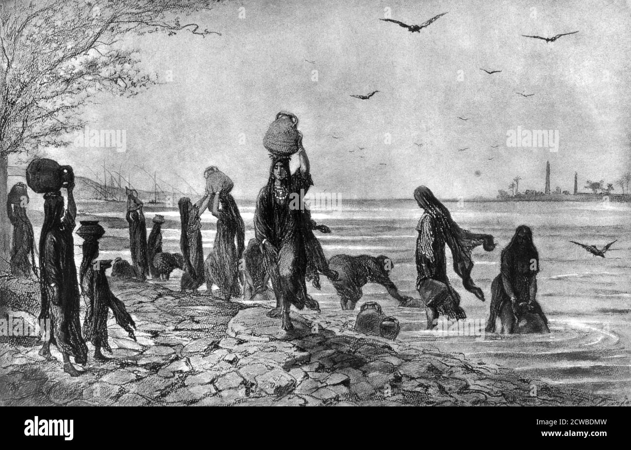 Frauen Fellahs am Rande des Nils', 1872. Fellah ist das arabische Wort für einen Landarbeiter oder Bauern. Ein Druck aus Kairo und Hochägypten. Von dem französischen Künstler Alfred-Henri Darjou. Stockfoto