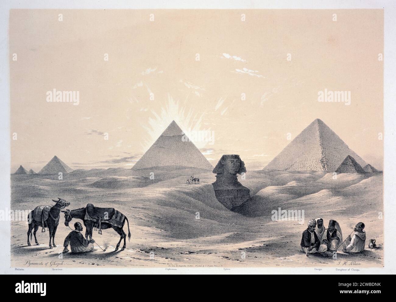 Pyramiden von Gizeh', Ägypten, 1843. Die Sphinx ist im Vordergrund. Aus der Sammlung des British Museum, London. Von dem britischen Künstler Augustus Butler, Stockfoto