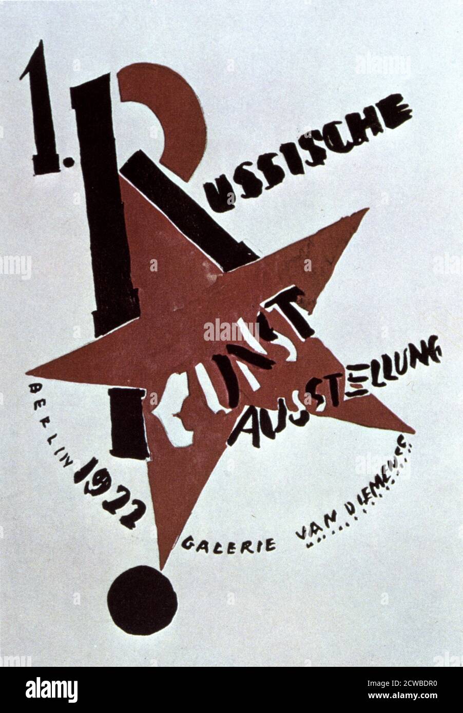 Cover-Design für den Katalog der Ausstellung für Russische Kunst, Berlin, 1922. Künstler: Lazar Markovich Lissitzky. Lazar Markovich Lissitzky (1890-1941) war ein russischer Künstler, Designer, Fotograf, Typograf und Architekt. Er ist bekannt für seinen Einfluss auf die Entwicklung des Supremacismus, des Bauhauses und der russischen Avantgarde-Kunst Stockfoto