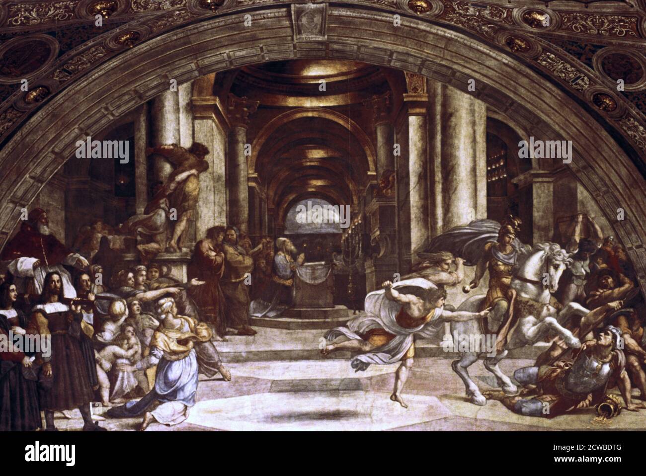 Die Vertreibung von Heliodorus aus dem Tempel', 1512-1514. Künstler: Raphael. Raphael (1483-1520) war ein italienischer Maler und Architekt der Hochrenaissance. Seine Arbeit wird für seine Klarheit der Form, Leichtigkeit der Komposition und visuelle Leistung der menschlichen Größe bewundert. Stockfoto