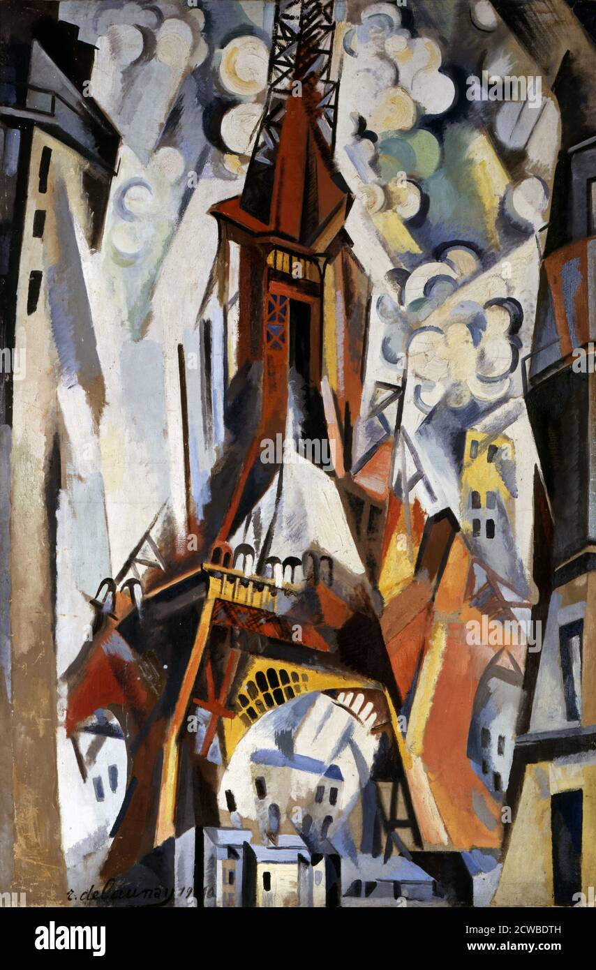 Eiffelturm, 1910-1911. Künstler: Robert Delaunay. Delaunay war ein französischer Künstler, der die Kunstbewegung Orphismus mitbegründete, die für ihre Verwendung von kräftigen Farben und geometrischen Formen bekannt ist. Stockfoto