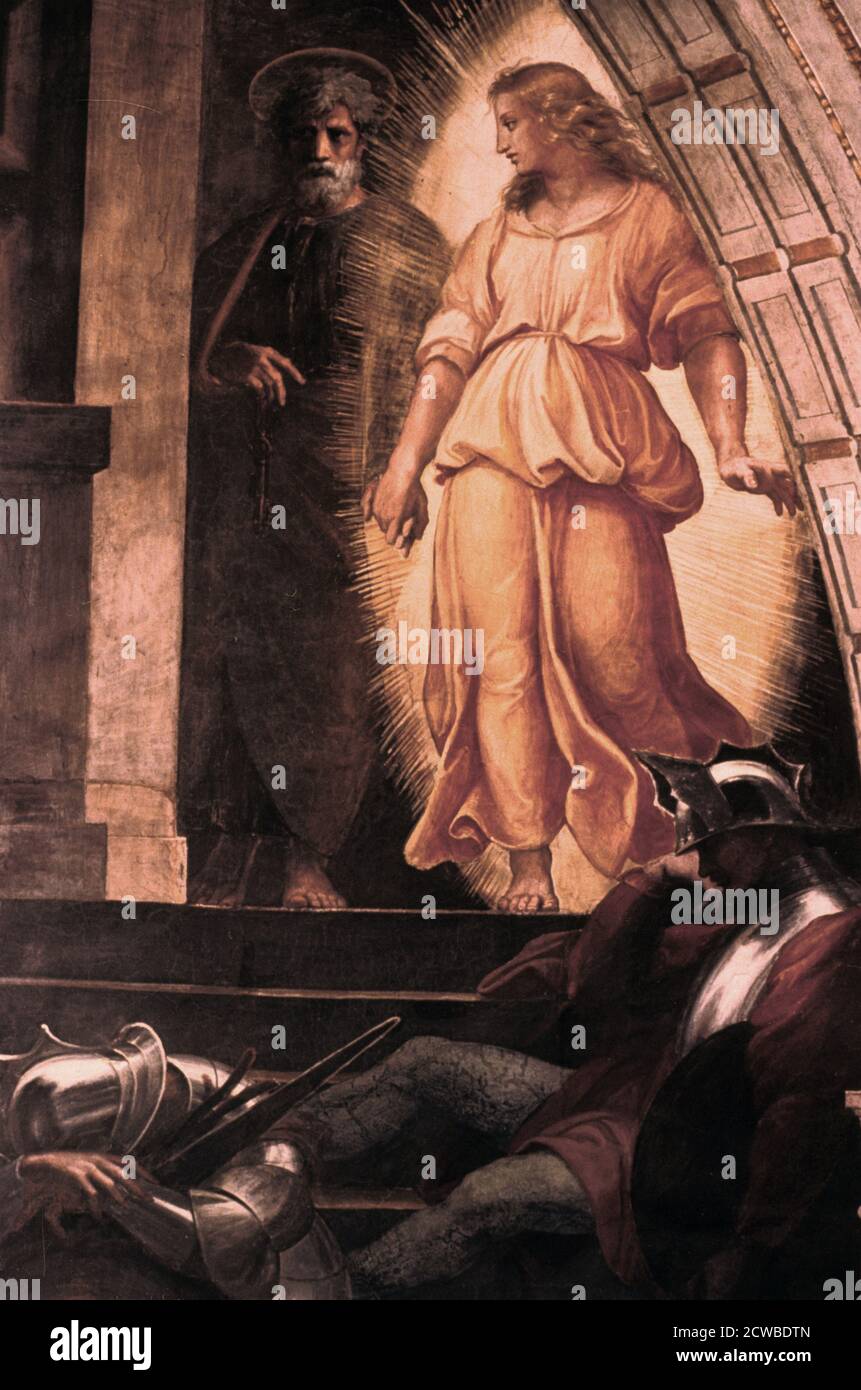 Die Befreiung des Petersdoms, 1514. Künstler: Raphael. Raphael (1483-1520) war ein italienischer Maler und Architekt der Hochrenaissance. Seine Arbeit wird für seine Klarheit der Form, Leichtigkeit der Komposition und visuelle Leistung der menschlichen Größe bewundert. Stockfoto