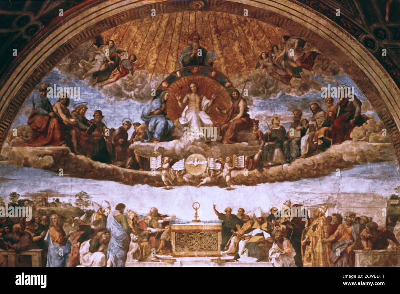 Die Disputation über das Heilige Sakrament', 1508-1509. Künstler: Raphael. Raphael (1483-1520) war ein italienischer Maler und Architekt der Hochrenaissance. Seine Arbeit wird für seine Klarheit der Form, Leichtigkeit der Komposition und visuelle Leistung der menschlichen Größe bewundert. Stockfoto